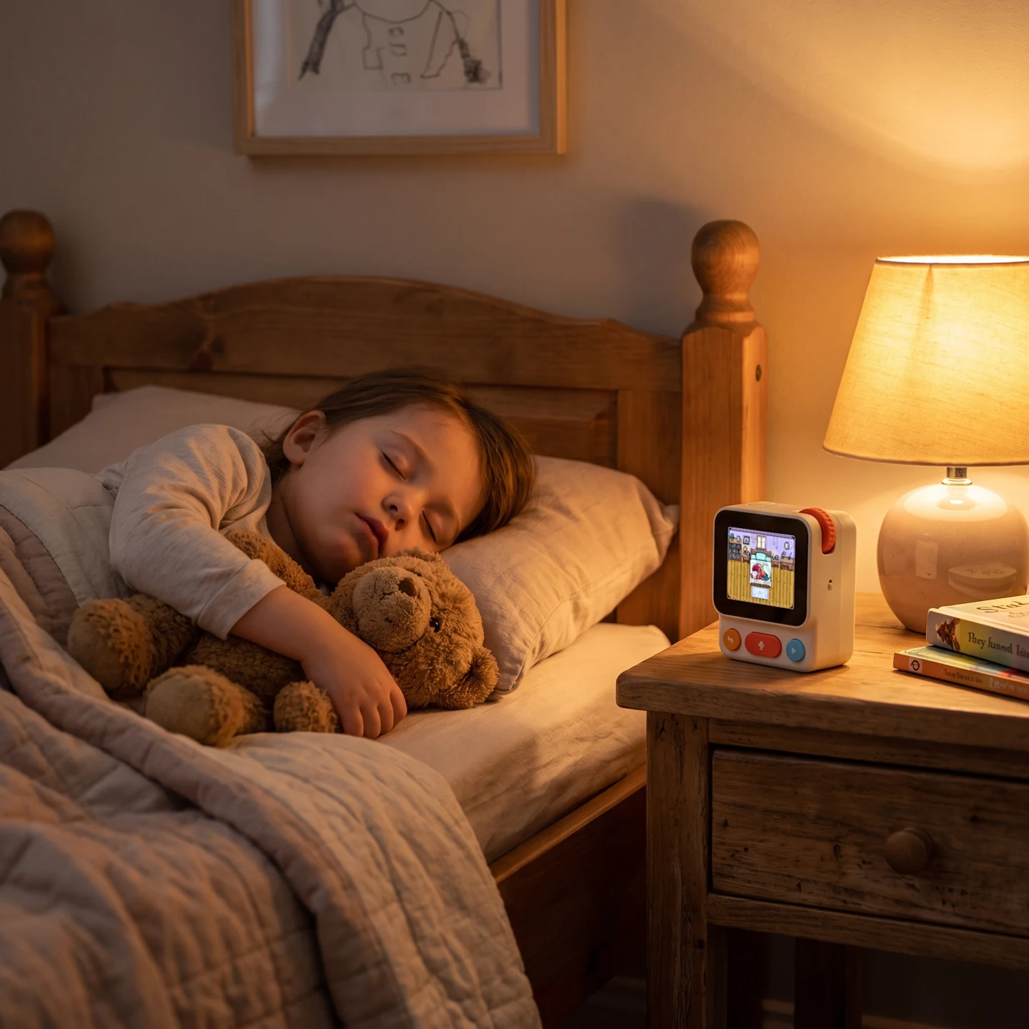 A child sleeps with a teddy bear while Nowa rests on the bedside table