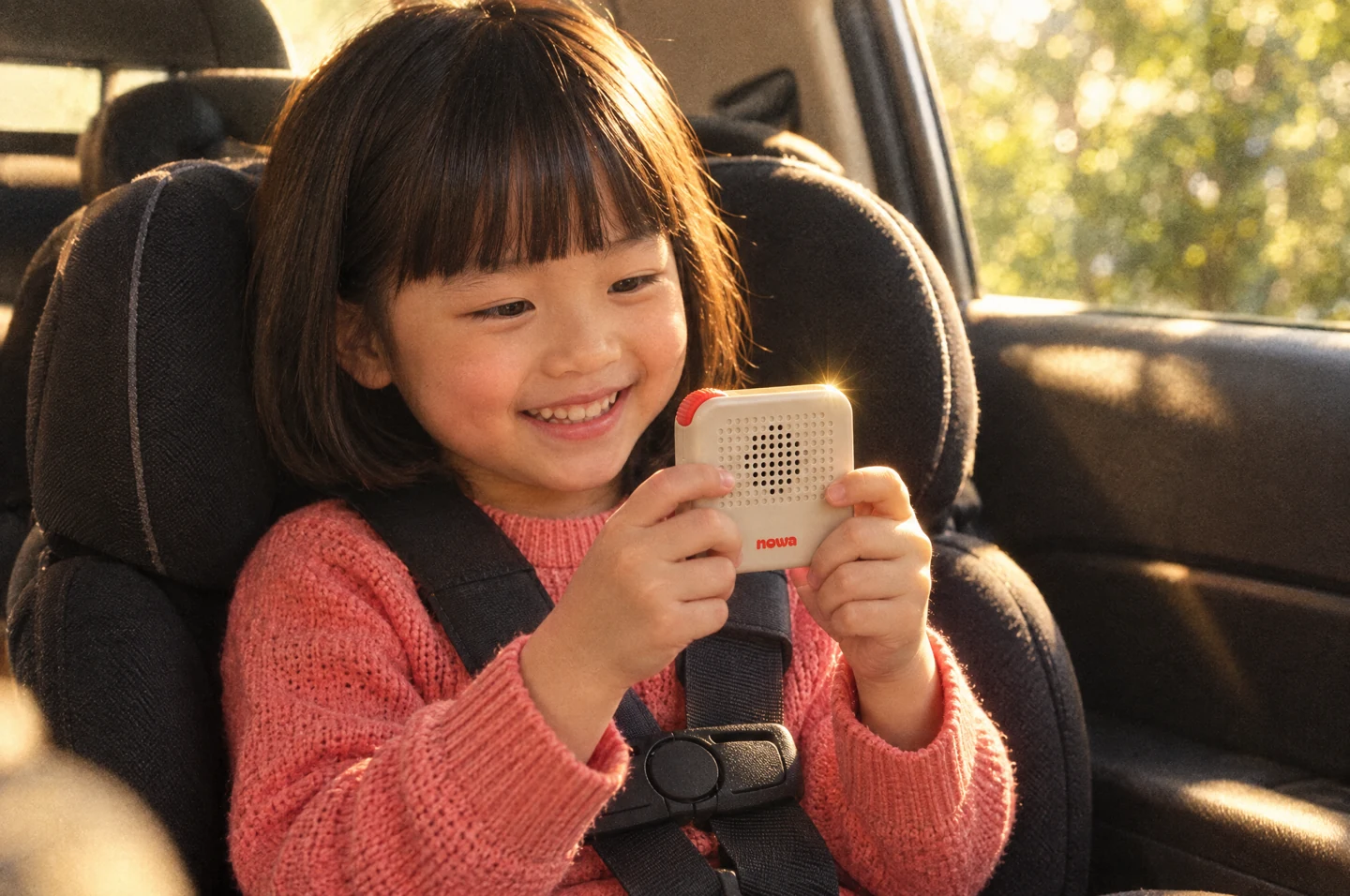 A smiling girl holds her Nowa device in a car seat