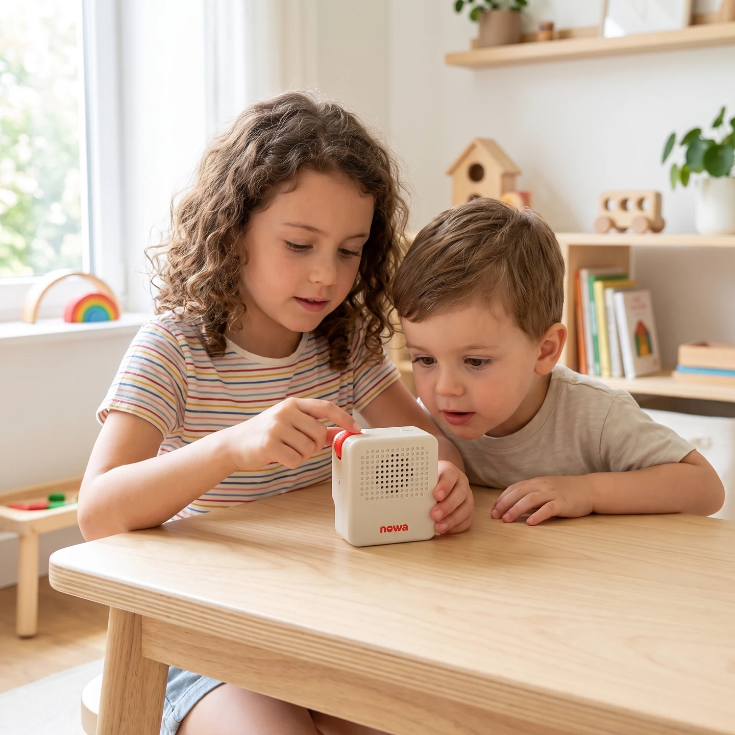 Two children explore the Nowa device together at a play table