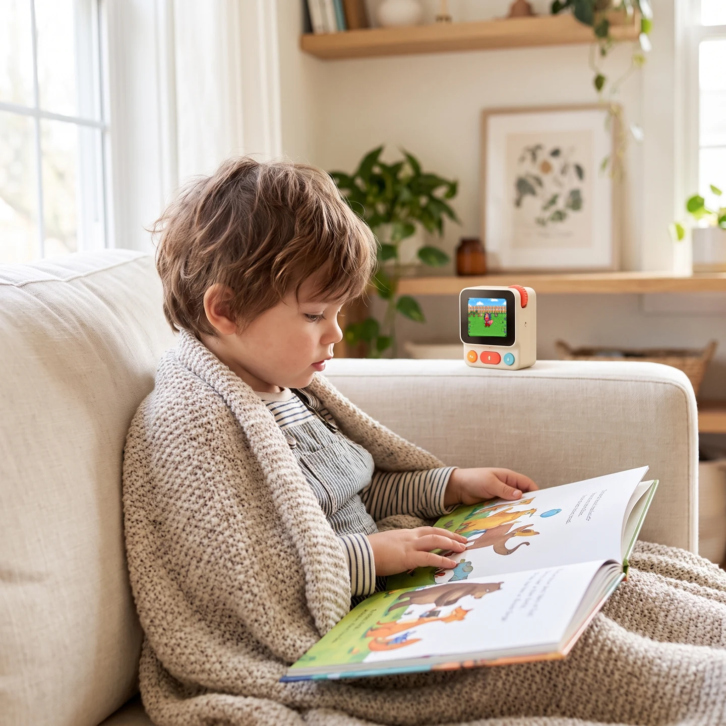 A child reads a book under a blanket with Nowa on a table nearby
