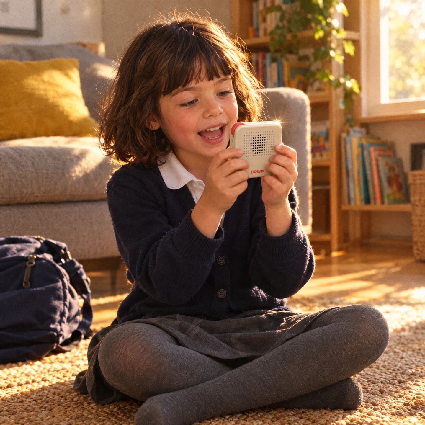 A child sits on a rug, smiling at the Nowa device