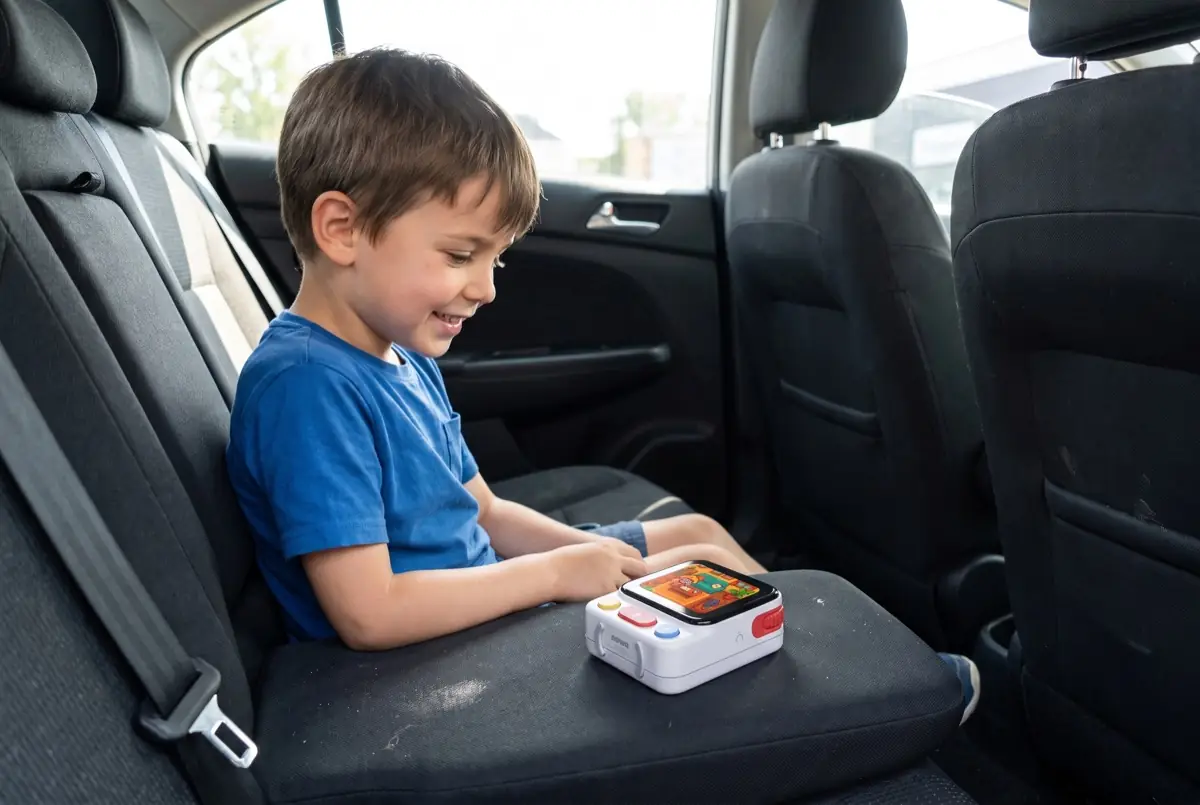 A boy playing with his Nowa pet on the back seat of a car