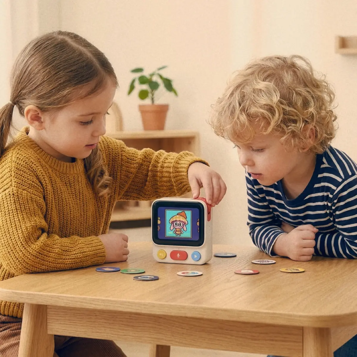 Two young children at a play table, one turning the dial on the Nowa device while the other watches the pet on screen