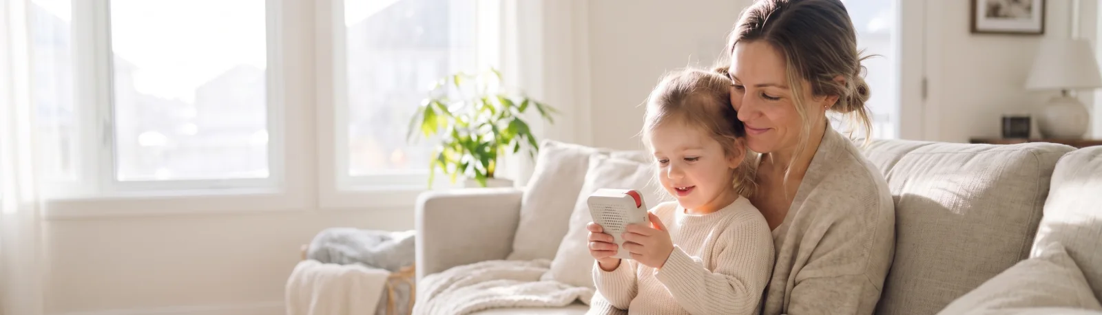 A mother and child sharing a moment with a Nowa device on the sofa