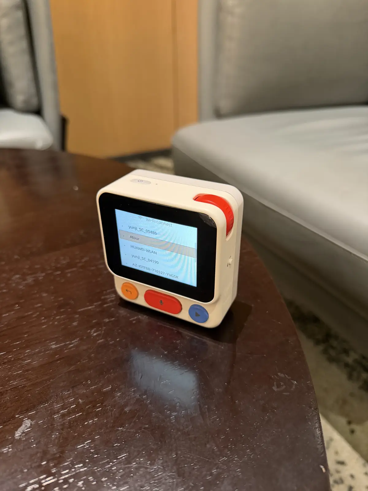 A Nowa prototype standing on a living-room coffee table